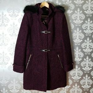 Ivanka Trump Plum Hooded Wool-Blend Coat with Black Faux Fur Trim
